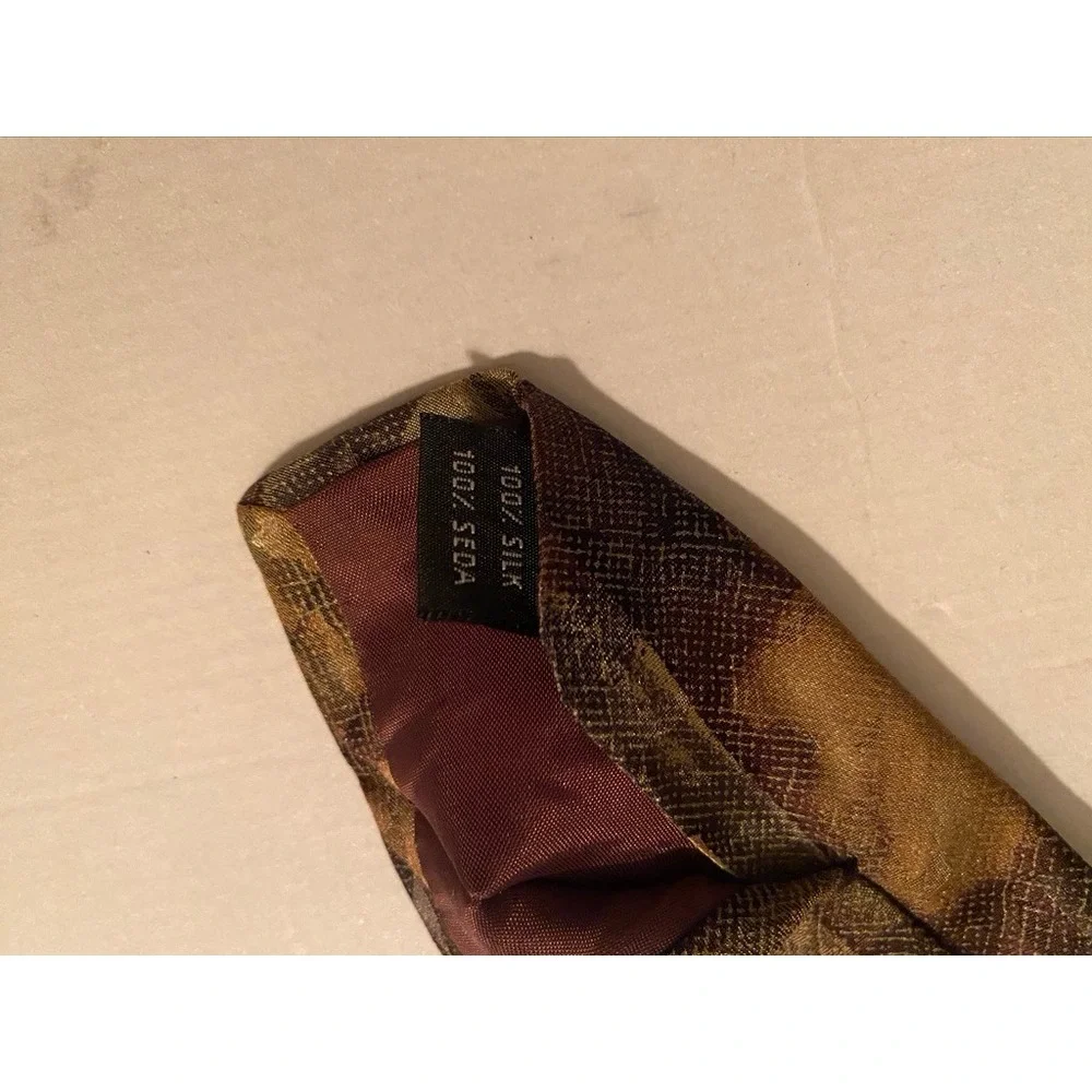 J. Ferrar Mens Silk Tie Brown Green Gold Geometric Made in Italy 4 Inch Width